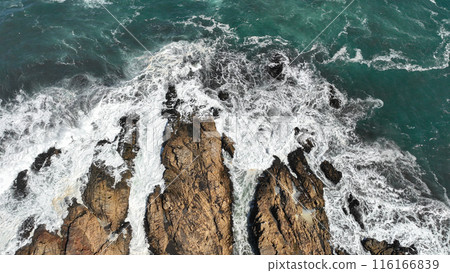 Drone aerial view of arco Calan coast near Constitucion Chile, Pacific ocean, Top view 116166839
