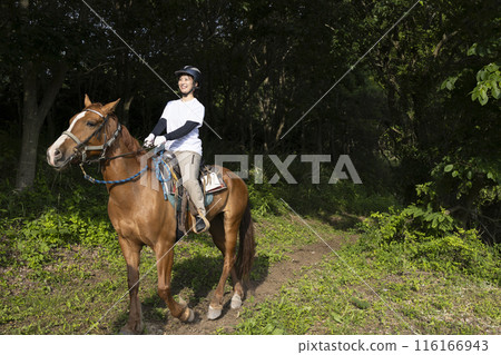 Woman enjoying horse riding 116166943