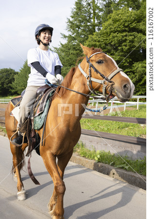 Woman enjoying horse riding 116167002