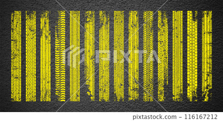 Yellow grunge tire tracks, wheel braking marks. Truck, car or motorcycle tread pattern silhouettes. Auto race, motorsport, speed racing design element. Asphalt texture. Vector illustration 116167212