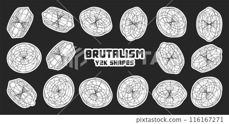 Wireframe lined shapes. Perspective mesh, 3d grid. Modern trendy low poly geometric elements. Retro futuristic design elements, y2k, vaporwave and synthwave style. Vector illustration 116167271
