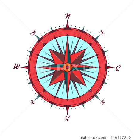 Vintage marine wind rose, nautical chart. Colorful navigational compass with cardinal directions of North, East, South, West. Geographical position, cartography and navigation. Vector illustration 116167290