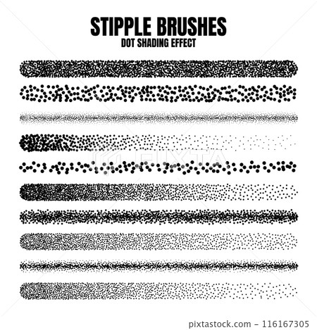 Stipple scatter brush, ink drawing and texturing. Fading gradient. Stippling, dotwork drawing, shading using dots. Halftone disintegration effect. White noise grainy texture. Vector illustration 116167305
