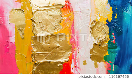 Abstract minimalist oil painting with bold gold and colorful strokes. 116167466