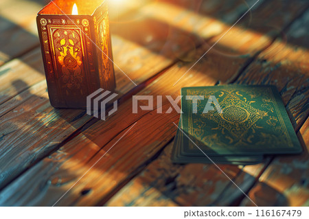 Mystical Tarot Cards and Candle on Wooden Fortune Teller Table. 116167479