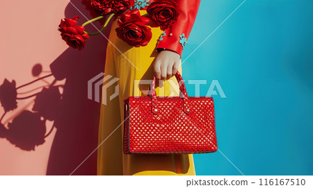 Vibrant fashion composition with red handbag and flowers. 116167510
