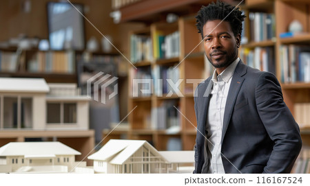 Black Businessman in Suit Standing Beside Architectural Models in Office. 116167524