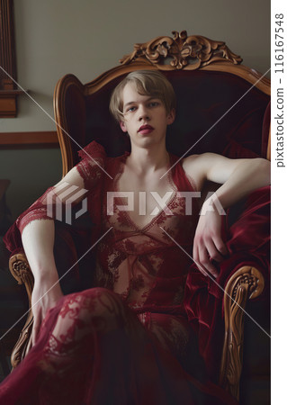 Genderfluid Individual in red dress, Vintage Setting. Genderfluid Individual in red dress, Vintage Setting. 116167548