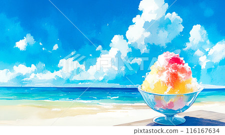 Summer sea and shaved ice watercolor illustration background Summer sea and shaved ice watercolor illustration background 116167634