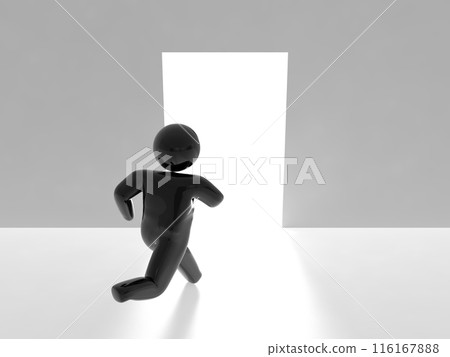 一個人跑向明亮的房間，前圖標，黑色，水平，3D 插圖 116167888