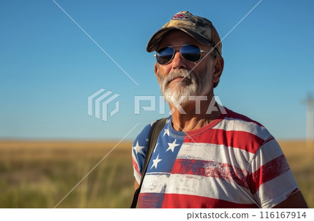 Older man in American flag shirt 116167914