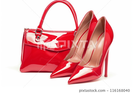 Bright red patent leather handbag and high heels 116168040