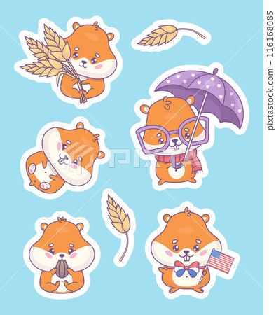 Cute cartoon hamsters stickers. Rodent with ears of wheat, animal gnaws seed, festive with American flag and glasses under umbrella. Isolated funny kawaii character. Vector illustration. Kids Cute cartoon hamsters stickers. Rodent with ears of wheat, animal gnaws seed, festive with American flag and glasses under umbrella. Isolated funny kawaii character. Vector illustration. Kids 116168085