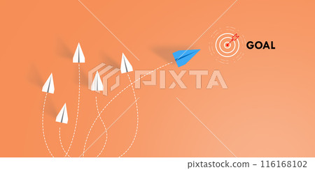 The concept of leadership, Blue airplane flying towards target on orange background, Achieving the goal, Success, Risk management, New ideas creativity and innovative solution business concept. 116168102