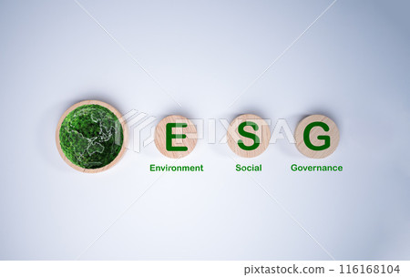 A circular wooden board with the abbreviation ESG printed on a light white background, ESG concepts for sustainable environment, society and governance Businesses are environmentally responsible. 116168104