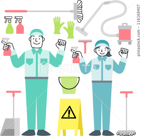 A set of cleaning workers women and men in work clothes and cleaning tools 116168407