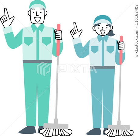 Cleaning workers, women and men, wearing work clothes 116168408