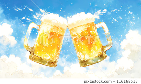 夏日天空和啤酒杯的水彩插圖 116168515
