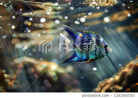 A colorful angelfish swims through a sunlit underwater scene A colorful angelfish swims through a sunlit underwater scene 116168583