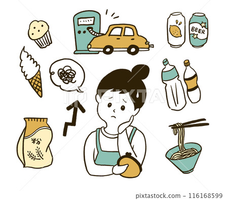 Illustration of a housewife who is in trouble with price increases 116168599