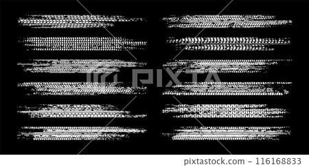 Grunge tire tracks, wheel braking marks. Truck, car or motorcycle tread pattern silhouettes. Auto race, motorsport, speed racing design element. Vector illustration Grunge tire tracks, wheel braking marks. Truck, car or motorcycle tread pattern silhouettes. Auto race, motorsport, speed racing design element. Vector illustration 116168833