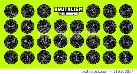 Wireframe lined shapes. Perspective mesh, 3d grid. Modern trendy low poly geometric elements. Retro futuristic design elements, y2k, vaporwave and synthwave style. Vector illustration 116168854