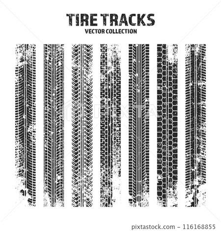 Grunge tire tracks, wheel braking marks. Truck, car or motorcycle tread pattern silhouettes. Auto race, motorsport, speed racing design element. Vector illustration Grunge tire tracks, wheel braking marks. Truck, car or motorcycle tread pattern silhouettes. Auto race, motorsport, speed racing design element. Vector illustration 116168855