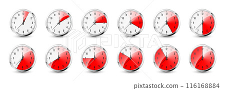 Wall clock, stopwatch icons. Shiny metal chronometer, time counter with dial. Red countdown timer showing minutes and seconds. Time measurement for sport, start and finish. Vector illustration 116168884