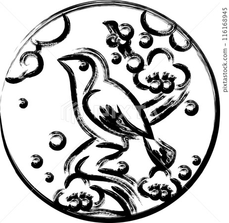 Simple circular Hanafuda card with brush strokes - Nightingale, Kisaragi, Plum blossoms, February, Plum blossoms and nightingale 116168945