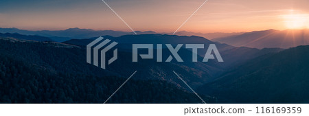 Breathtaking Sunrise Over Carpathian Mountain Ridge Panorama 116169359