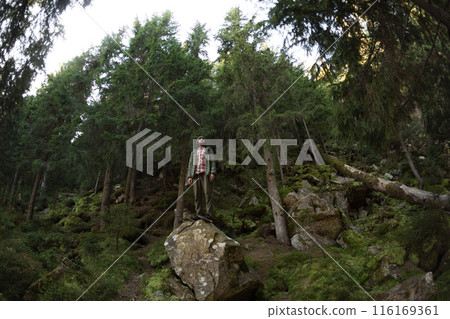 Man Standing on Rock in Forest: Nature Adventure and Exploration 116169361