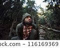 Man Making Funny Face in Forest During Outdoor Adventure 116169369
