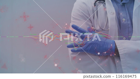 Image of data processing and molecular structures against mid section of doctor 116169475