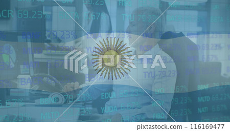 Image of flag of argentina over stock market and diverse business people in office Image of flag of argentina over stock market and diverse business people in office 116169477
