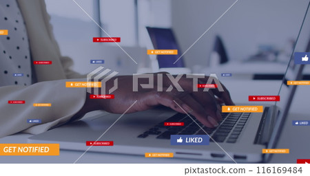 Image of social media icons with texts over african american woman using laptop 116169484