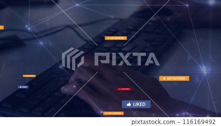 Image of network of connections and social media icons with texts over hands typinng on keyboard 116169492