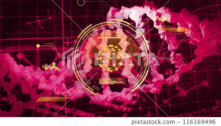 Image of pink macro dna strand and scientific data processing 116169496