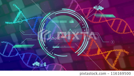 Image of dna strands spinning and scientific data processing Image of dna strands spinning and scientific data processing 116169500