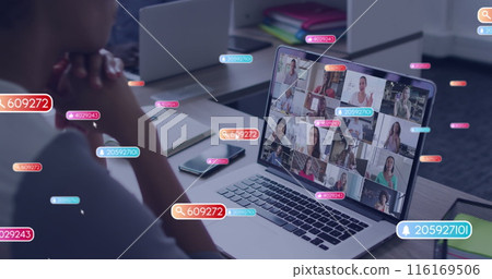 Image of social media icons and numbers over african american woman on laptop image call 116169506