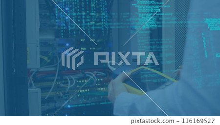 Image of network of connections with icons and data processing over server room 116169527