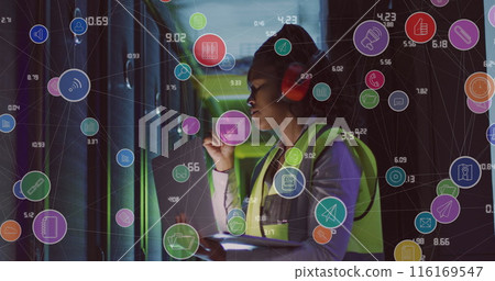 Image of data processing over african american female it engineer by computer servers Image of data processing over african american female it engineer by computer servers 116169547