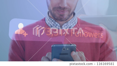 Image of increasing followers against mid section of caucasian smiling while using smartphone Image of increasing followers against mid section of caucasian smiling while using smartphone 116169581