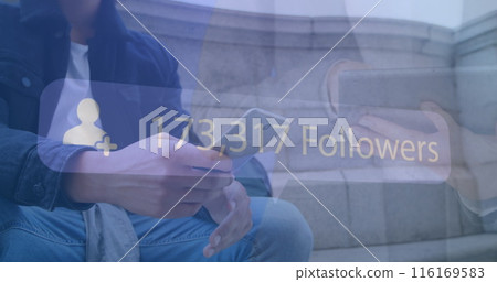 Image of woman using smartphone over spots over spots and smiling woman using smartphone 116169583