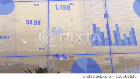 Image of financial data processing over cityscape Image of financial data processing over cityscape 116169626