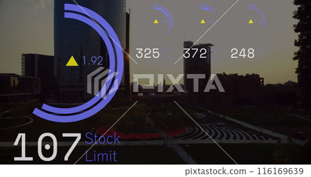 Image of stock market data processing against aerial view of cityscape 116169639