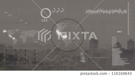 Image of interface with data processing over spinning globe against aerial view of cityscape Image of interface with data processing over spinning globe against aerial view of cityscape 116169643