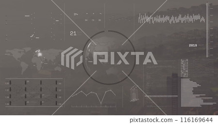Image of interface with data processing over spinning globe against aerial view of cityscape Image of interface with data processing over spinning globe against aerial view of cityscape 116169644