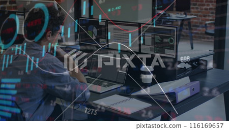 Image of financial data processing over caucasian businessman using laptop 116169657