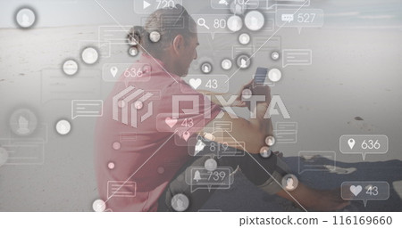Image of social media icons over caucasian man using smartphone sitting at the beach Image of social media icons over caucasian man using smartphone sitting at the beach 116169660