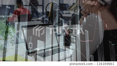 Image of statistical data processing over rear view of caucasian woman using laptop at office Image of statistical data processing over rear view of caucasian woman using laptop at office 116169661